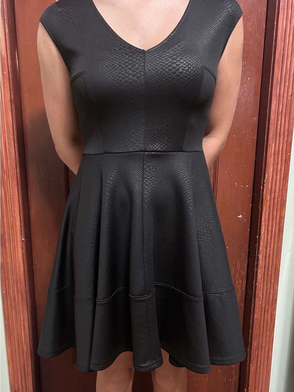 Bar III Black Textured V-Neck Fit & Flare Dress